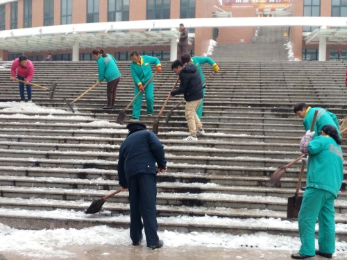 物业员工齐心协力、同甘共苦，一起奋战在清理积雪一线。